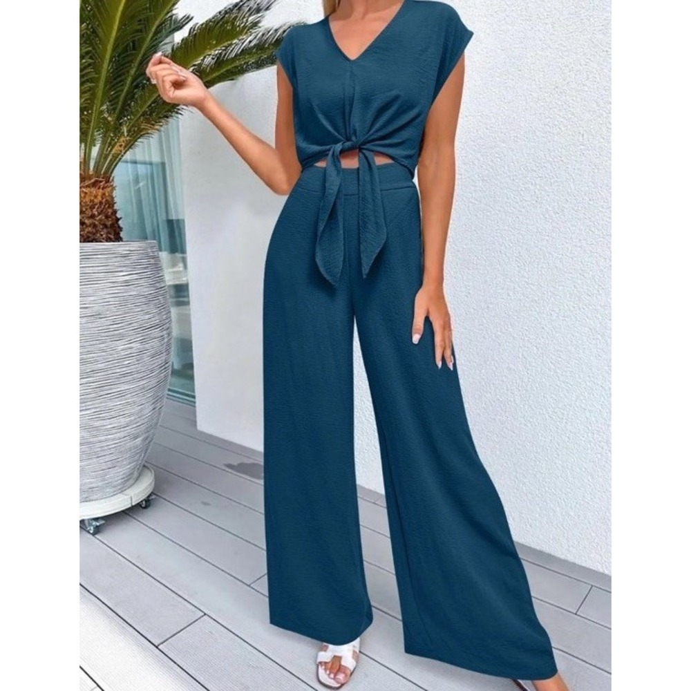 Women's 2 Piece Set Tie Front Top Wide Leg Pants Teal Blue Large Summer Outfit